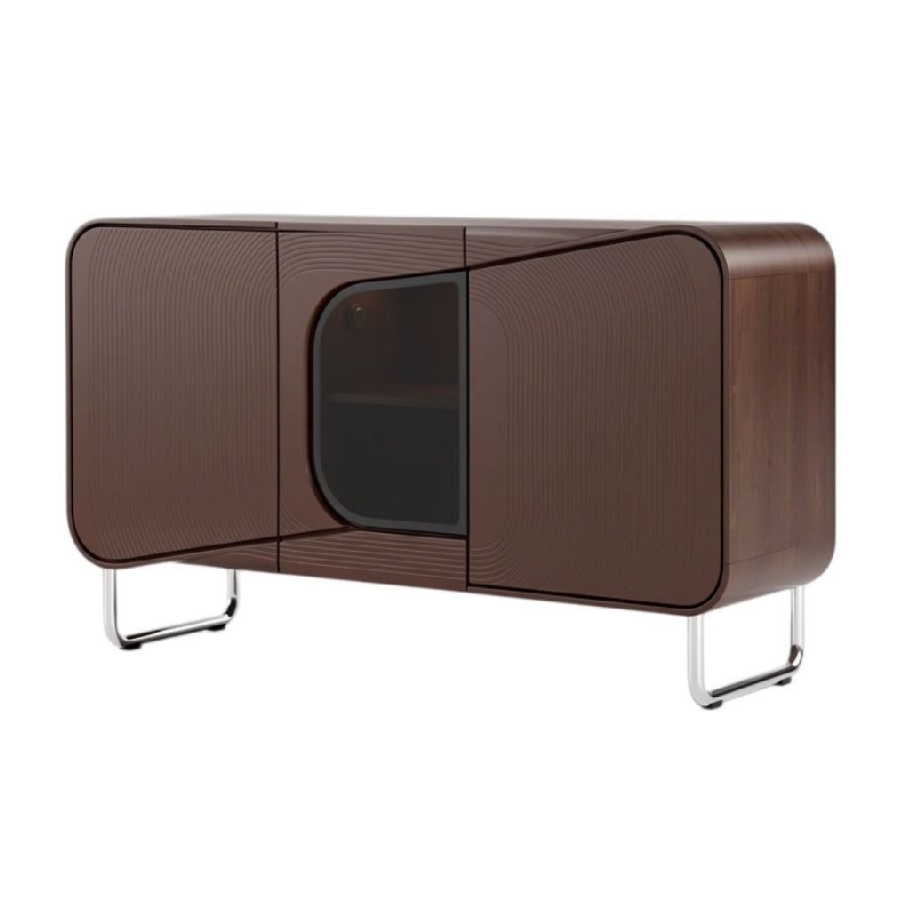 **Modern kast met golvende houten afwerking en metalen poten**