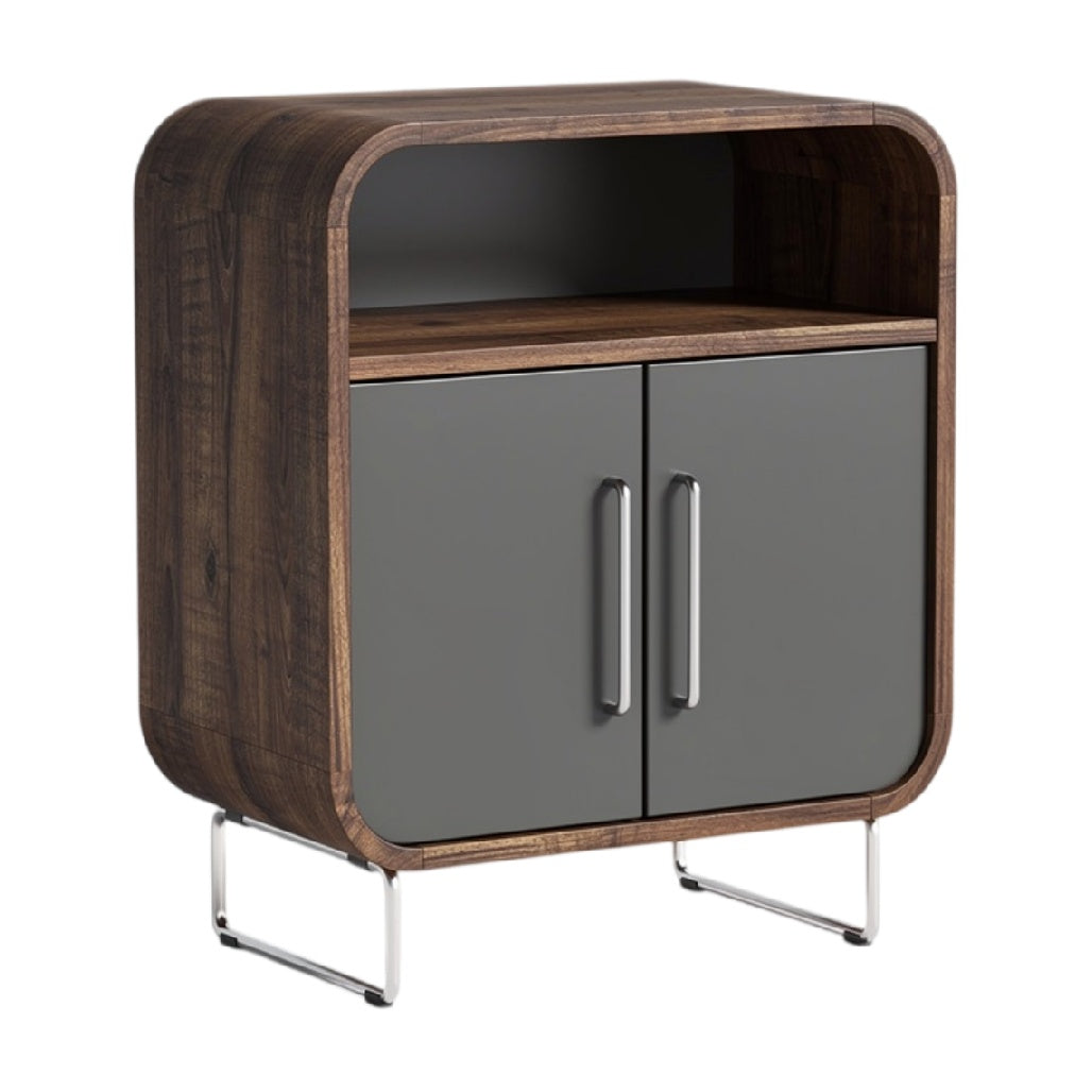 Technische titel in het Nederlands: **Moderne Houten Kast met Metalen Poten en Grijze Deuren**