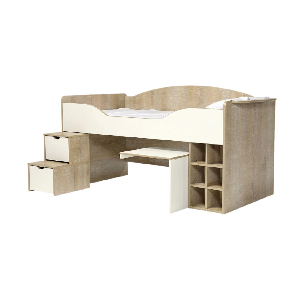 **Technische titel in het Nederlands: Drielaags Bed met Bureau en Opbergruimte**